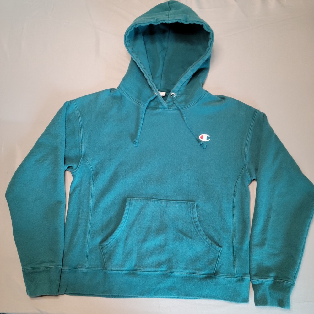 Champion Reverse Weave Hoodie Men Medium Teal Green GF857 Heavyweight Sweatshirt